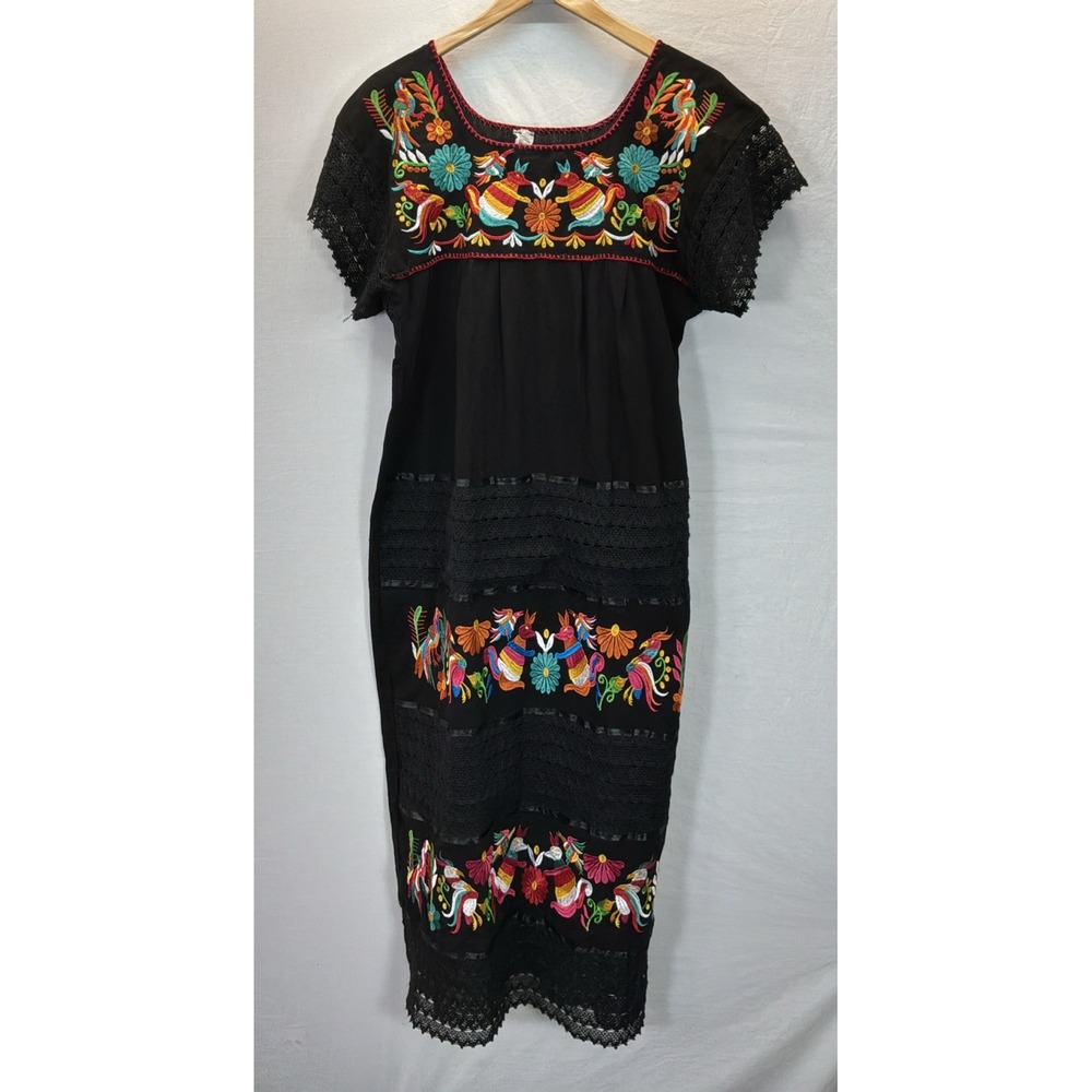 Mexican Colorful Embroidered Tunic Coverup Shift Dress Size M Festival Black